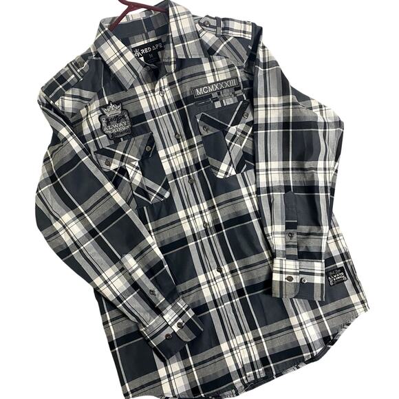 Red Ape Party  Shirt Mens M  Gray/Black Plaid Always King Patches Logo Street - Picture 2 of 15